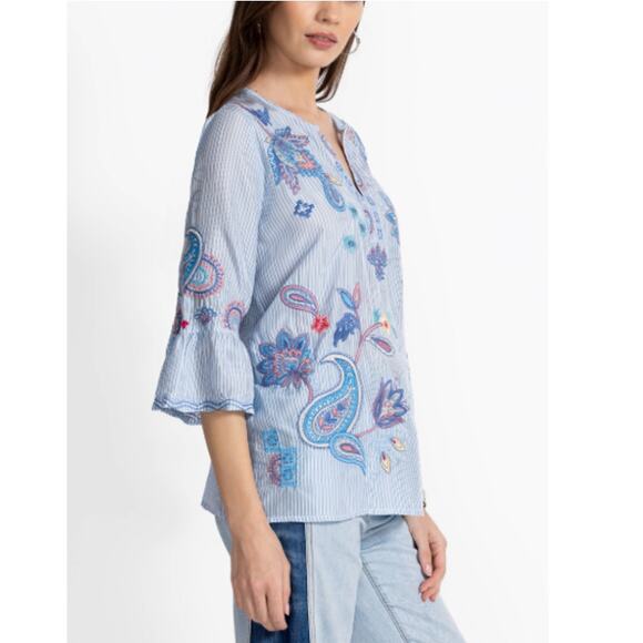 JOHNNY WAS Barine Stripe 100% Silk Nielly Ruffle Sleeve Blouse Size XS Oversize - Picture 2 of 9